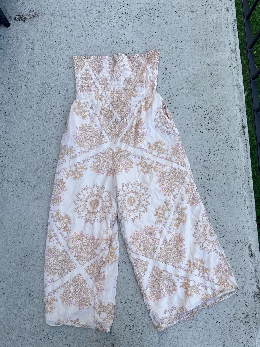 American Eagle Outfitters Strapless Wide-Leg Jumpsuit in Cream, Tan & Pink